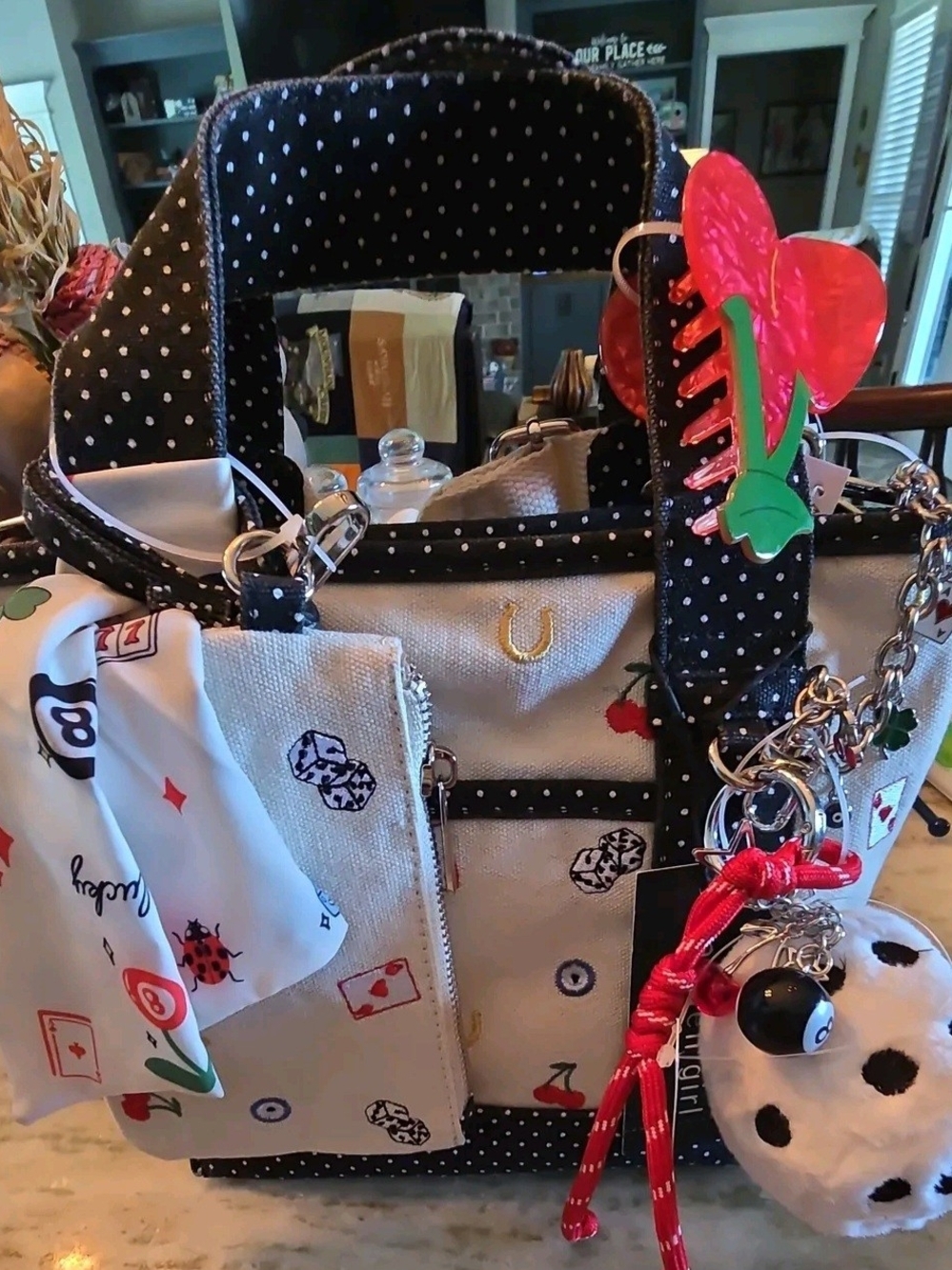 Madden GIRL Polka Dot Charm Tote Bag in Black and White - NWT